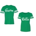 thumbnail image 1 of Groom & Bride Unisex Couple Matching Cotton Jersey style T-Shirt Contrasting stripes on sleeves (Men Green / Women Green) (Men XXL / Women M), 1 of 3