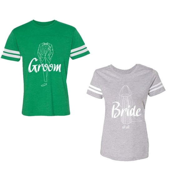Groom Bride Unisex Couple Matching Cotton Jersey style T-Shirt Contrasting stripes on sleeves (Men Green / Women Heather) (Men M / Women M)