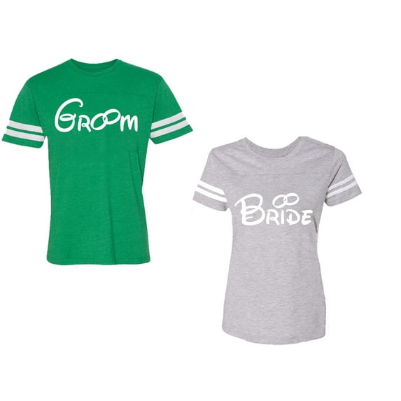 Groom & Bride Unisex Couple Matching Cotton Jersey style T-Shirt Contrasting stripes on sleeves (Men Green / Women Heather) (Men XL / Women XL)