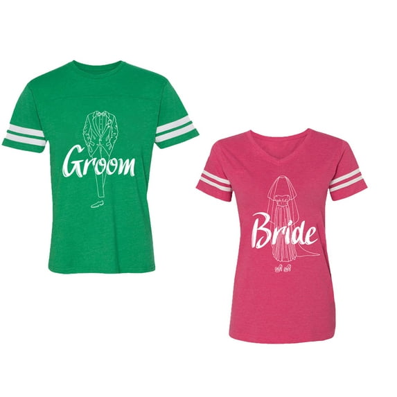 Groom Bride Unisex Couple Matching Cotton Jersey style T-Shirt Contrasting stripes on sleeves (Men Green / Women Pink) (Men M / Women L)