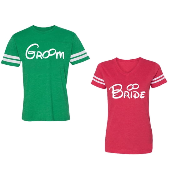 Groom & Bride Unisex Couple Matching Cotton Jersey style T-Shirt Contrasting stripes on sleeves (Men Green / Women Red) (Men L / Women XXL)