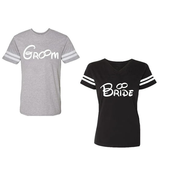 Groom & Bride Unisex Couple Matching Cotton Jersey style T-Shirt Contrasting stripes on sleeves (Men Heather / Women Black) (Men L / Women XXL)