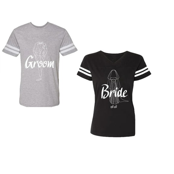 Groom Bride Unisex Couple Matching Cotton Jersey style T-Shirt Contrasting stripes on sleeves (Men Heather / Women Black) (Men XL / Women L)