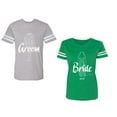 thumbnail image 1 of Groom Bride Unisex Couple Matching Cotton Jersey style T-Shirt Contrasting stripes on sleeves (Men Heather / Women Green) (Men L / Women L), 1 of 3