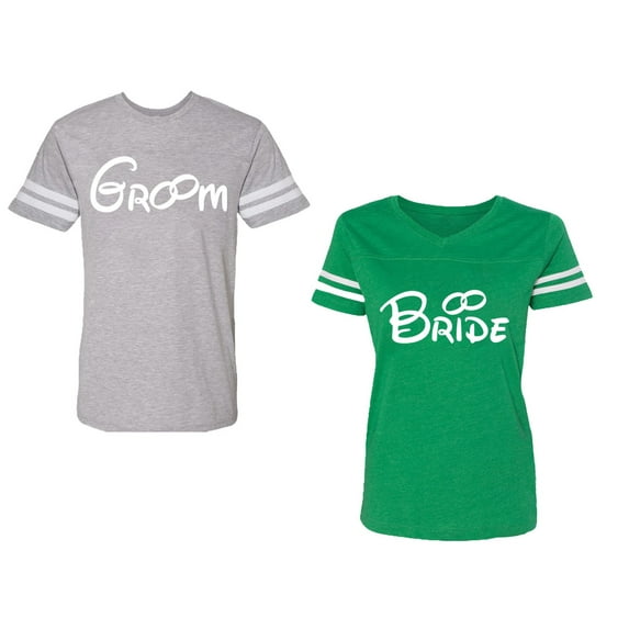 Groom & Bride Unisex Couple Matching Cotton Jersey style T-Shirt Contrasting stripes on sleeves (Men Heather / Women Green) (Men S / Women XL)