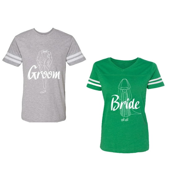 Groom Bride Unisex Couple Matching Cotton Jersey style T-Shirt Contrasting stripes on sleeves (Men Heather / Women Green) (Men XL / Women L)