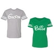 thumbnail image 1 of Groom & Bride Unisex Couple Matching Cotton Jersey style T-Shirt Contrasting stripes on sleeves (Men Heather / Women Green) (Men XXL / Women S), 1 of 3