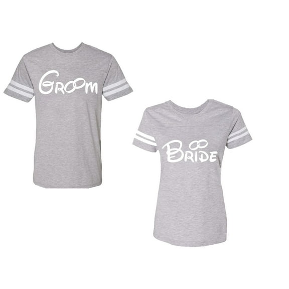 Groom & Bride Unisex Couple Matching Cotton Jersey style T-Shirt Contrasting stripes on sleeves (Men Heather / Women Heather) (Men L / Women S)