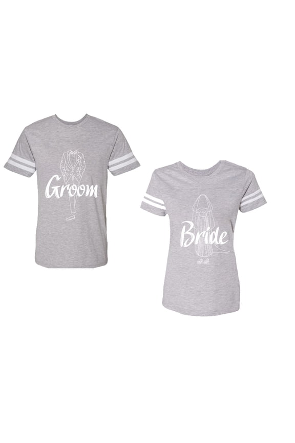 Groom Bride Unisex Couple Matching Cotton Jersey style T-Shirt Contrasting stripes on sleeves (Men Heather / Women Heather) (Men M / Women L)