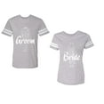 thumbnail image 1 of Groom Bride Unisex Couple Matching Cotton Jersey style T-Shirt Contrasting stripes on sleeves (Men Heather / Women Heather) (Men XXL / Women S), 1 of 3