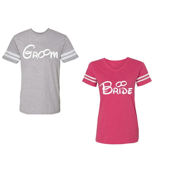 Groom & Bride Unisex Couple Matching Cotton Jersey style T-Shirt Contrasting stripes on sleeves (Men Heather / Women Pink) (Men L / Women S)