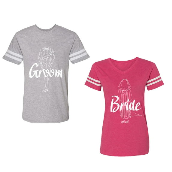 Groom Bride Unisex Couple Matching Cotton Jersey style T-Shirt Contrasting stripes on sleeves (Men Heather / Women Pink) (Men XXL / Women XL)