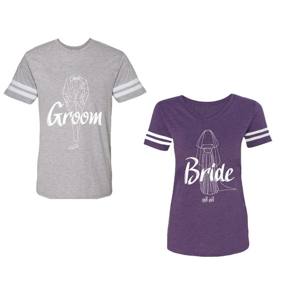 Groom Bride Unisex Couple Matching Cotton Jersey style T-Shirt Contrasting stripes on sleeves (Men Heather / Women Purple) (Men XL / Women S)