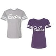 thumbnail image 1 of Groom & Bride Unisex Couple Matching Cotton Jersey style T-Shirt Contrasting stripes on sleeves (Men Heather / Women Purple) (Men XXL / Women L), 1 of 3