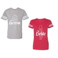 thumbnail image 1 of Groom Bride Unisex Couple Matching Cotton Jersey style T-Shirt Contrasting stripes on sleeves (Men Heather / Women Red) (Men XL / Women L), 1 of 3