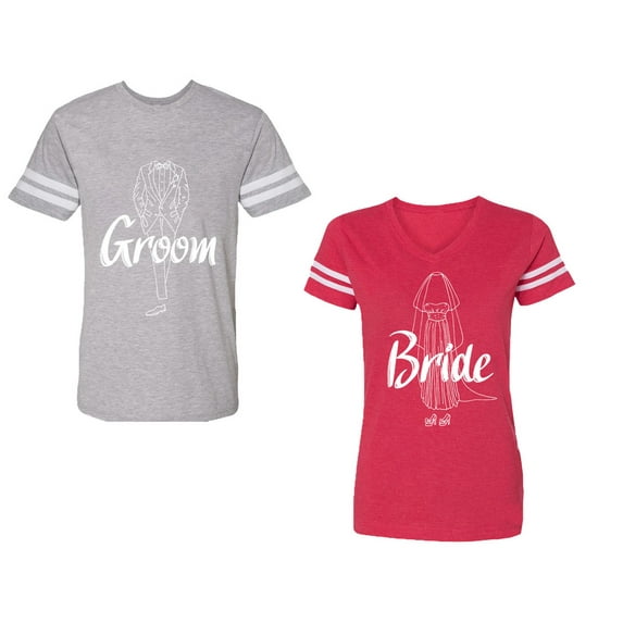 Groom Bride Unisex Couple Matching Cotton Jersey style T-Shirt Contrasting stripes on sleeves (Men Heather / Women Red) (Men XL / Women L)