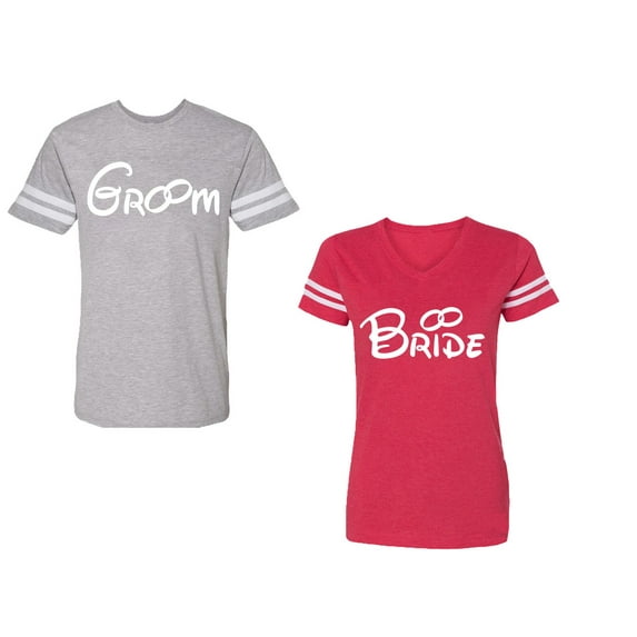 Groom & Bride Unisex Couple Matching Cotton Jersey style T-Shirt Contrasting stripes on sleeves (Men Heather / Women Red) (Men XL / Women XL)