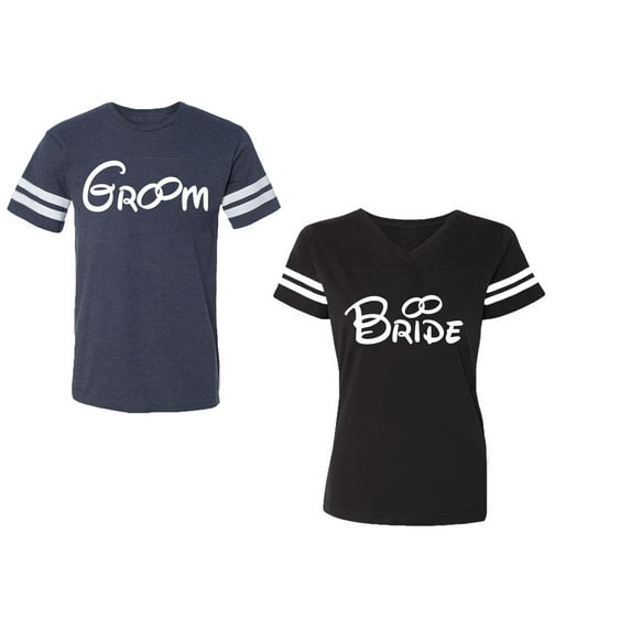 Groom & Bride Unisex Couple Matching Cotton Jersey style T-Shirt Contrasting stripes on sleeves (Men Navy / Women Black) (Men L / Women XL)