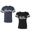 thumbnail image 1 of Groom & Bride Unisex Couple Matching Cotton Jersey style T-Shirt Contrasting stripes on sleeves (Men Navy / Women Black) (Men XXXL / Women XXL), 1 of 3