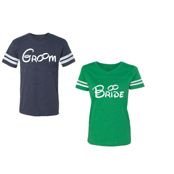 Groom & Bride Unisex Couple Matching Cotton Jersey style T-Shirt Contrasting stripes on sleeves (Men Navy / Women Green) (Men M / Women XXL)