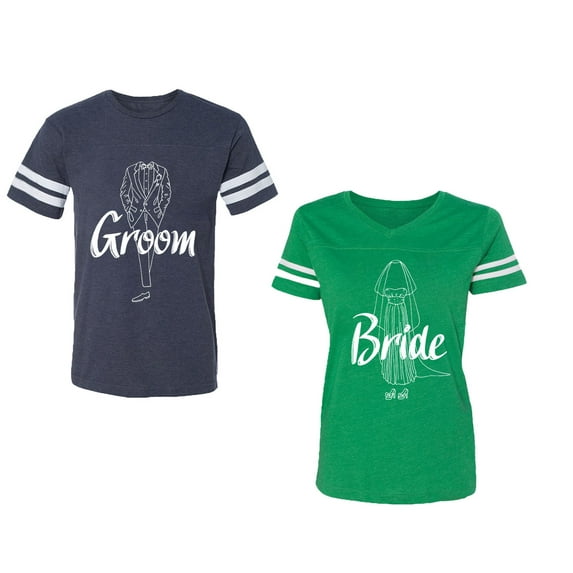 Groom Bride Unisex Couple Matching Cotton Jersey style T-Shirt Contrasting stripes on sleeves (Men Navy / Women Green) (Men S / Women S)