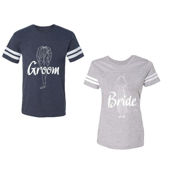 Groom Bride Unisex Couple Matching Cotton Jersey style T-Shirt Contrasting stripes on sleeves (Men Navy / Women Heather) (Men M / Women S)