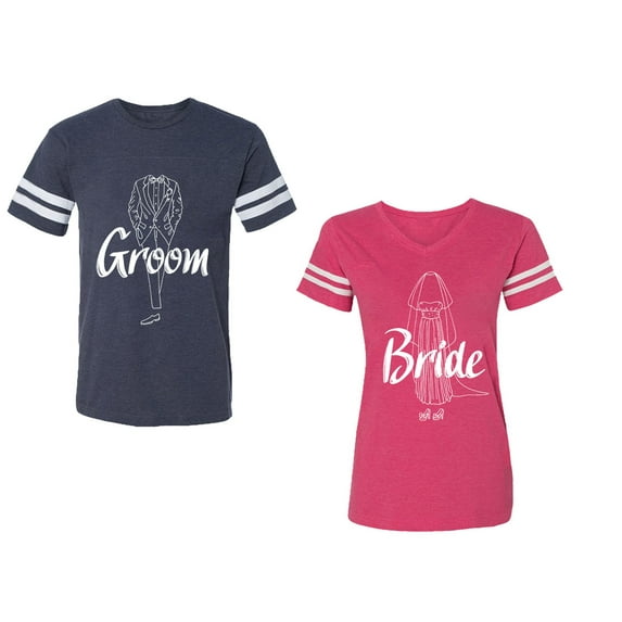 Groom Bride Unisex Couple Matching Cotton Jersey style T-Shirt Contrasting stripes on sleeves (Men Navy / Women Pink) (Men S / Women S)