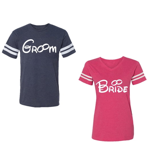 Groom & Bride Unisex Couple Matching Cotton Jersey style T-Shirt Contrasting stripes on sleeves (Men Navy / Women Pink) (Men XXL / Women S)