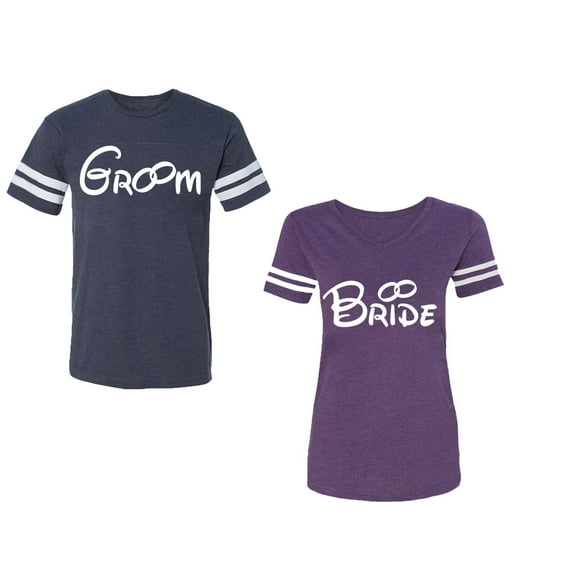 Groom & Bride Unisex Couple Matching Cotton Jersey style T-Shirt Contrasting stripes on sleeves (Men Navy / Women Purple) (Men M / Women L)