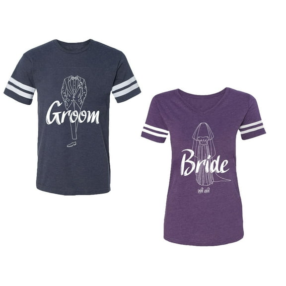 Groom Bride Unisex Couple Matching Cotton Jersey style T-Shirt Contrasting stripes on sleeves (Men Navy / Women Purple) (Men XXL / Women XXL)