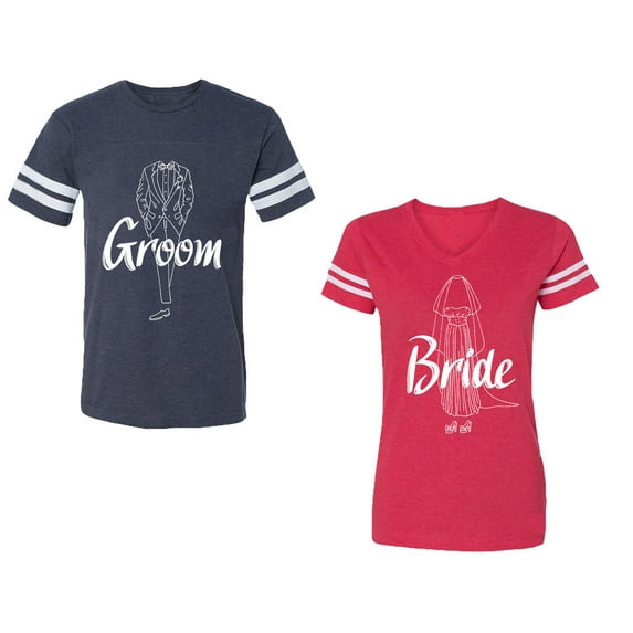 Groom Bride Unisex Couple Matching Cotton Jersey style T-Shirt Contrasting stripes on sleeves (Men Navy / Women Red) (Men S / Women XL)