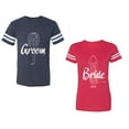 thumbnail image 1 of Groom Bride Unisex Couple Matching Cotton Jersey style T-Shirt Contrasting stripes on sleeves (Men Navy / Women Red) (Men XXL / Women S), 1 of 3