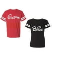 thumbnail image 1 of Groom & Bride Unisex Couple Matching Cotton Jersey style T-Shirt Contrasting stripes on sleeves (Men Red / Women Black) (Men L / Women XXL), 1 of 3