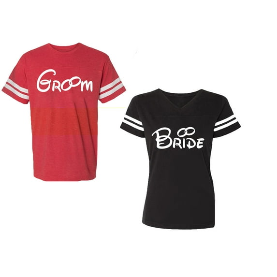 Groom & Bride Unisex Couple Matching Cotton Jersey style T-Shirt Contrasting stripes on sleeves (Men Red / Women Black) (Men S / Women S)