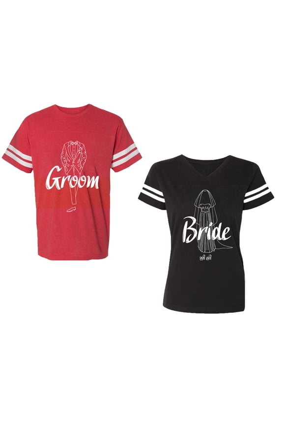 Groom Bride Unisex Couple Matching Cotton Jersey style T-Shirt Contrasting stripes on sleeves (Men Red / Women Black) (Men S / Women S)