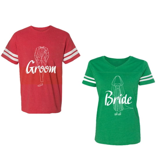 Groom Bride Unisex Couple Matching Cotton Jersey style T-Shirt Contrasting stripes on sleeves (Men Red / Women Green) (Men M / Women S)