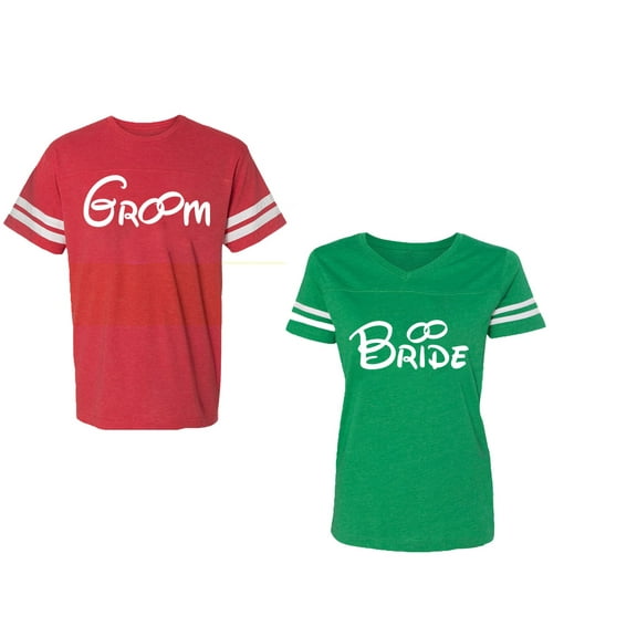 Groom & Bride Unisex Couple Matching Cotton Jersey style T-Shirt Contrasting stripes on sleeves (Men Red / Women Green) (Men XXL / Women XL)
