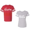 thumbnail image 1 of Groom & Bride Unisex Couple Matching Cotton Jersey style T-Shirt Contrasting stripes on sleeves (Men Red / Women Heather) (Men M / Women S), 1 of 3