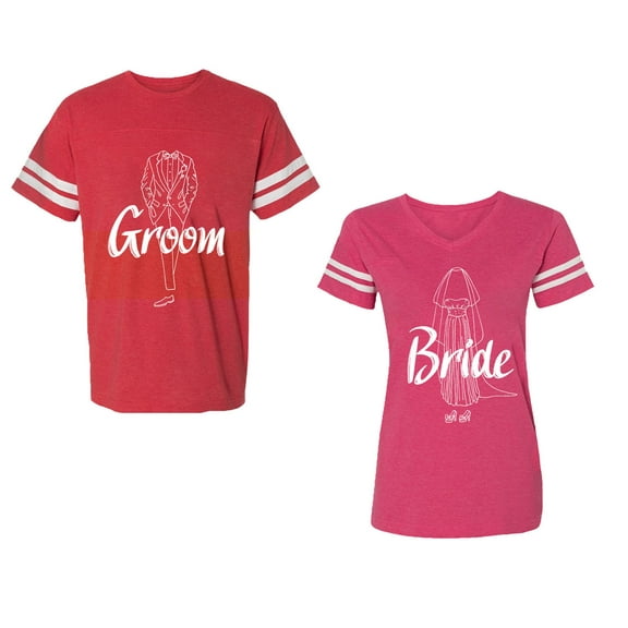 Groom Bride Unisex Couple Matching Cotton Jersey style T-Shirt Contrasting stripes on sleeves (Men Red / Women Pink) (Men XXL / Women L)
