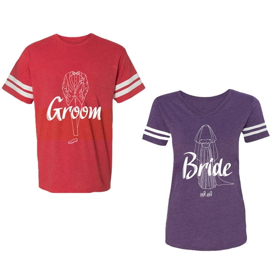 Groom Bride Unisex Couple Matching Cotton Jersey style T-Shirt Contrasting stripes on sleeves (Men Red / Women Purple) (Men XXXL / Women XXL)