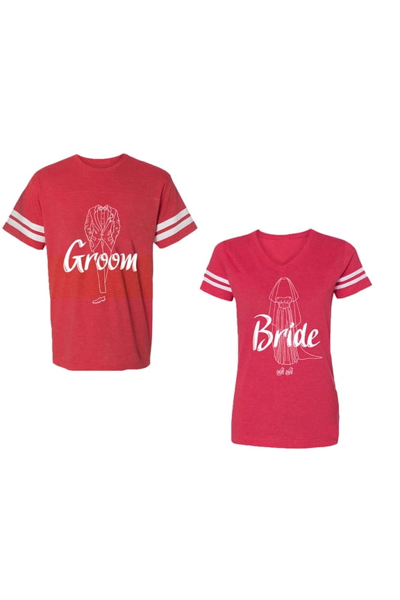 Groom Bride Unisex Couple Matching Cotton Jersey style T-Shirt Contrasting stripes on sleeves (Men Red / Women Red) (Men L / Women L)