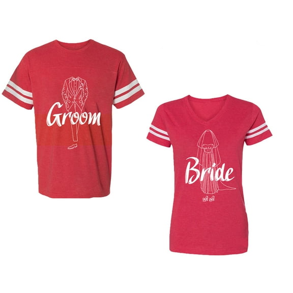 Groom Bride Unisex Couple Matching Cotton Jersey style T-Shirt Contrasting stripes on sleeves (Men Red / Women Red) (Men L / Women S)