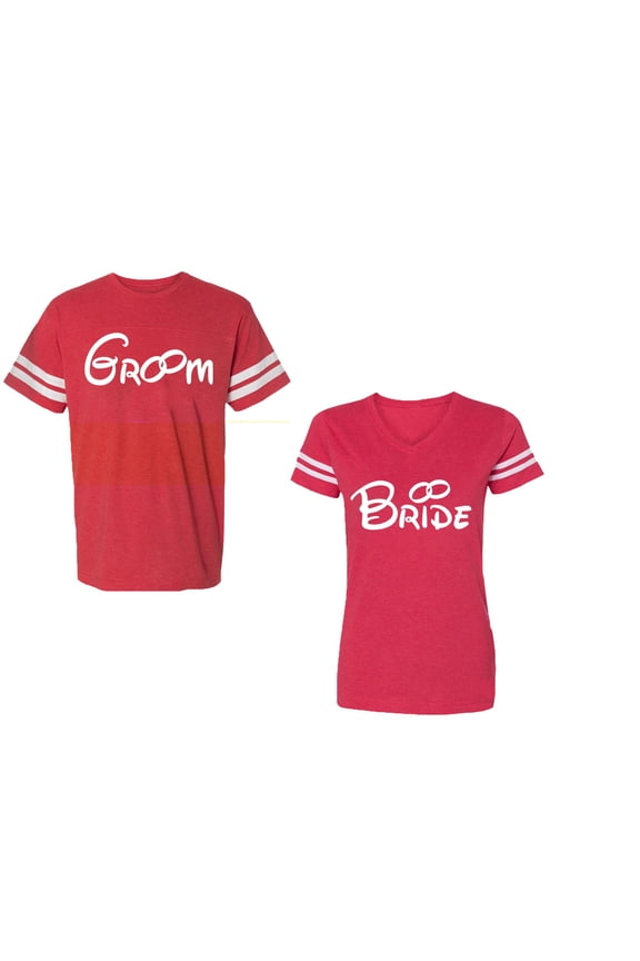 Groom & Bride Unisex Couple Matching Cotton Jersey style T-Shirt Contrasting stripes on sleeves (Men Red / Women Red) (Men XXL / Women XXL)