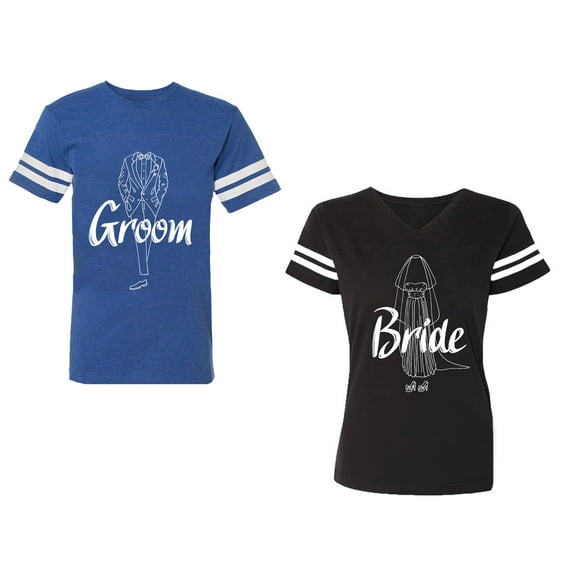 Groom Bride Unisex Couple Matching Cotton Jersey style T-Shirt Contrasting stripes on sleeves (Men Royal / Women Black) (Men S / Women S)