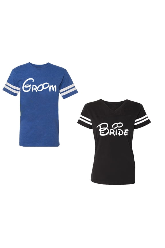 Groom & Bride Unisex Couple Matching Cotton Jersey style T-Shirt Contrasting stripes on sleeves (Men Royal / Women Black) (Men XXL / Women XXL)