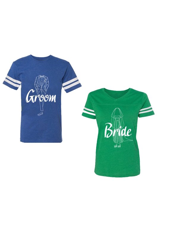 Groom Bride Unisex Couple Matching Cotton Jersey style T-Shirt Contrasting stripes on sleeves (Men Royal / Women Green) (Men L / Women S)