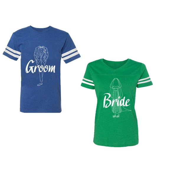 Groom Bride Unisex Couple Matching Cotton Jersey style T-Shirt Contrasting stripes on sleeves (Men Royal / Women Green) (Men XL / Women L)