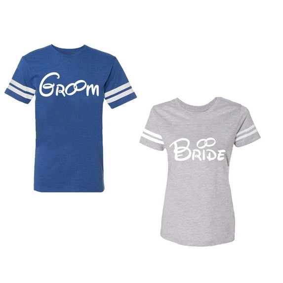Groom & Bride Unisex Couple Matching Cotton Jersey style T-Shirt Contrasting stripes on sleeves (Men Royal / Women Heather) (Men S / Women L)