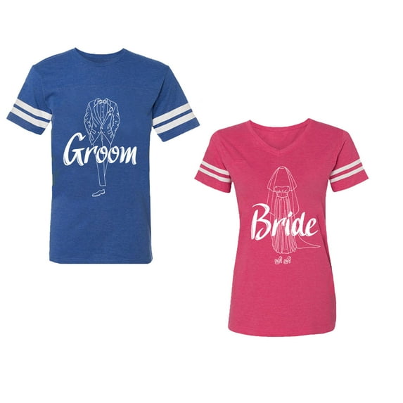 Groom Bride Unisex Couple Matching Cotton Jersey style T-Shirt Contrasting stripes on sleeves (Men Royal / Women Pink) (Men M / Women XXL)