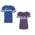 thumbnail image 1 of Groom & Bride Unisex Couple Matching Cotton Jersey style T-Shirt Contrasting stripes on sleeves (Men Royal / Women Purple) (Men L / Women XL), 1 of 3